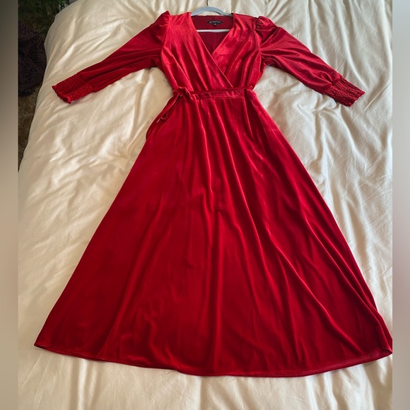 INC dress red velvet faux wrap dress with belt Christmas holiday stunner maxi - Picture 2 of 9